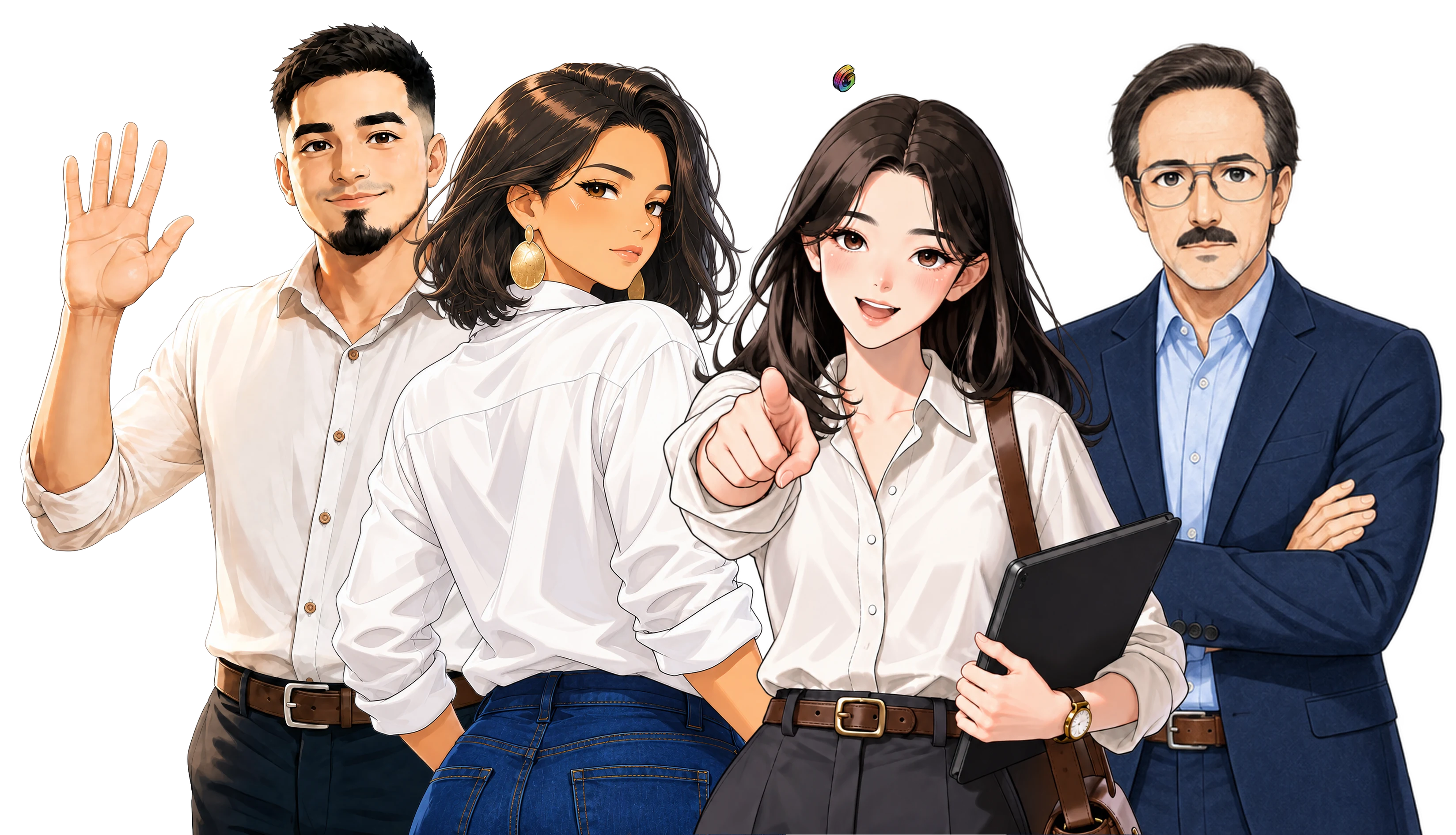 Illustrated cast of Gamification Lab: Santiago, Aleja, Aya and Ramiro.