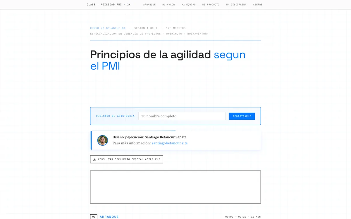 Opening screen of the class Principles of Agility, with its five modules and the student check-in form.