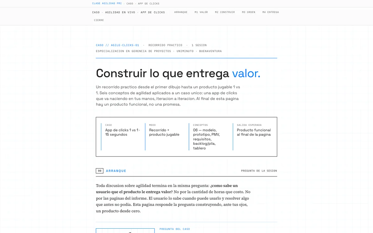 Opening screen of the case Build what delivers value, about a clicks app built iteration by iteration.