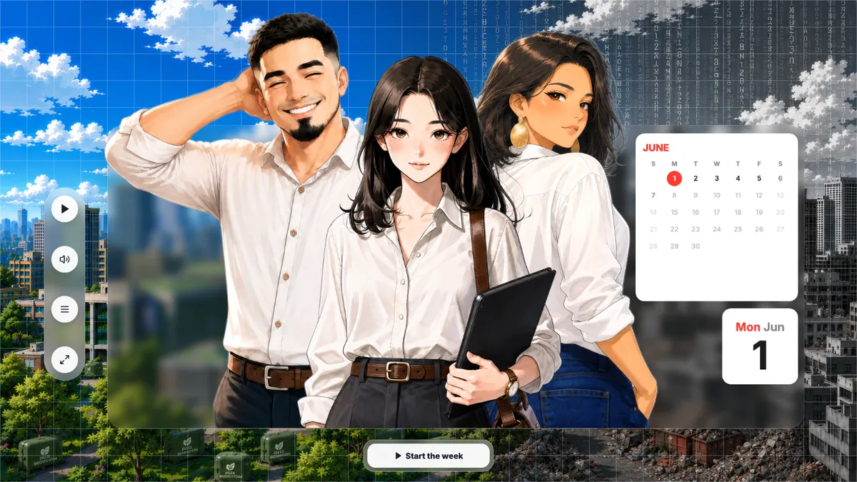 Nexus: three illustrated characters in front of a city skyline, next to a calendar and a Start the week button.