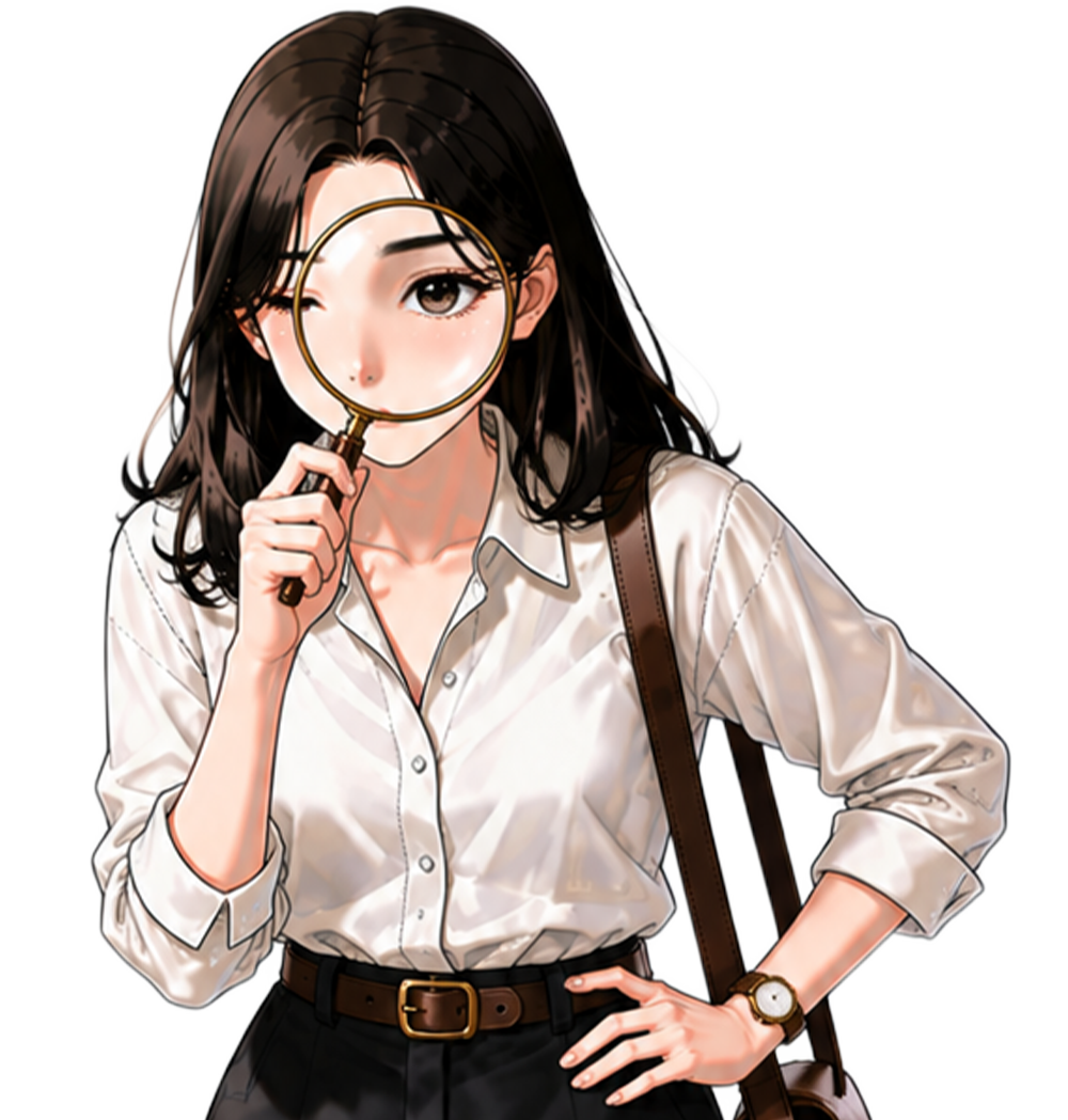 AYA observando con una lupa, lista para analizar datos.